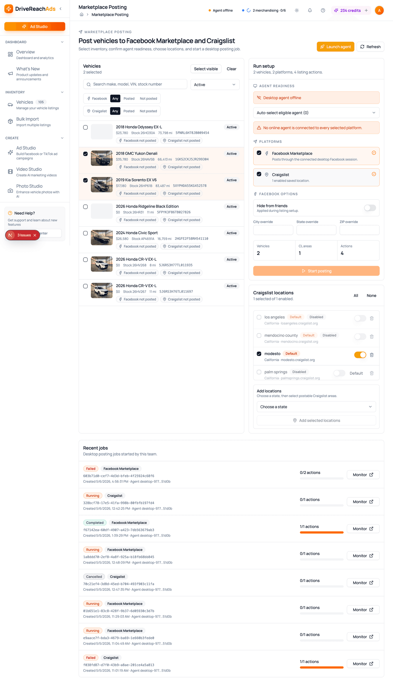 Post vehicles to Facebook Marketplace and Craigslist — vehicle list with checkboxes, run-setup panel, agent readiness status